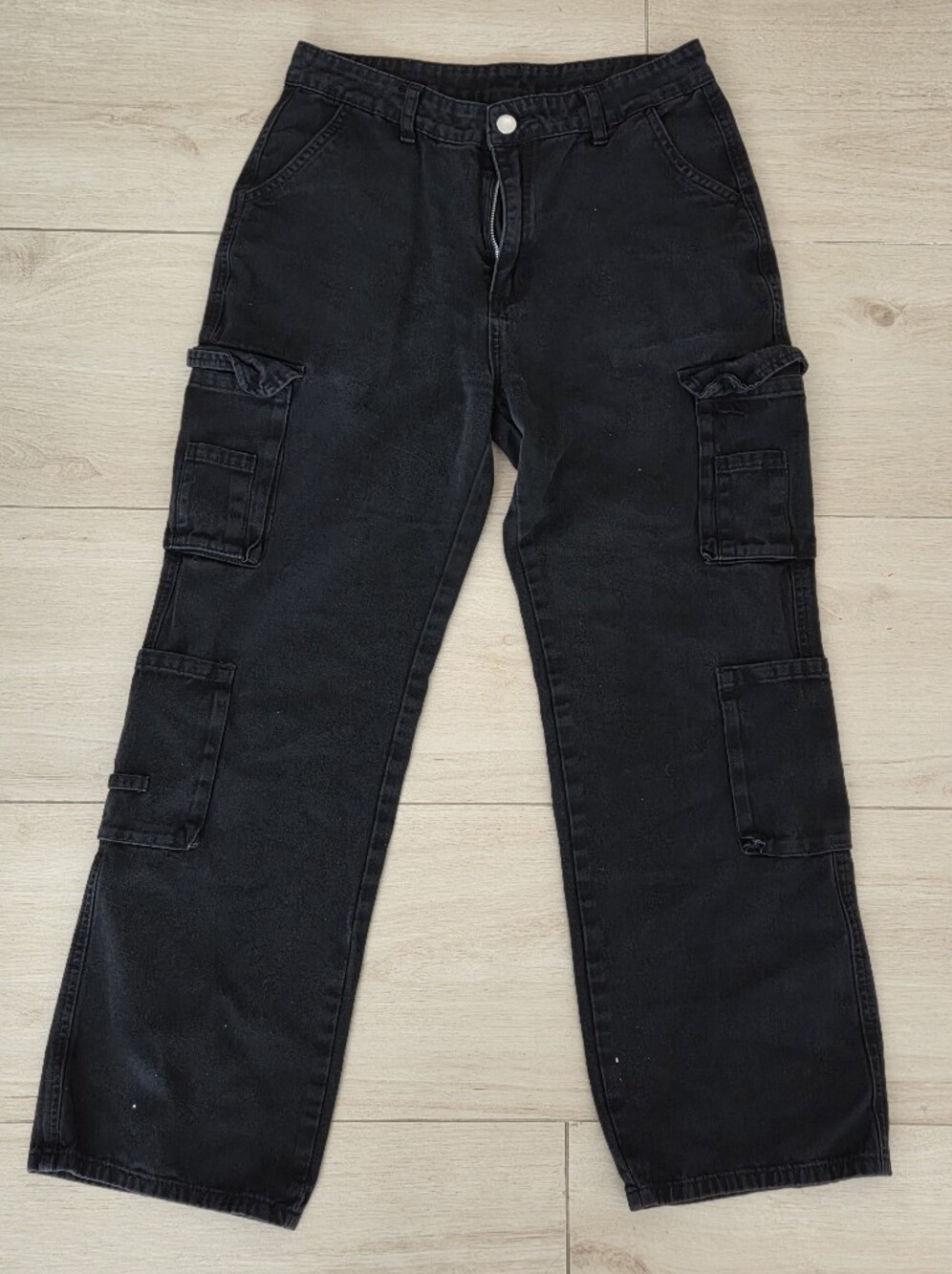 Black Dark Wash Denim Cargo Jeans Cotton Regular Fit Size M Women